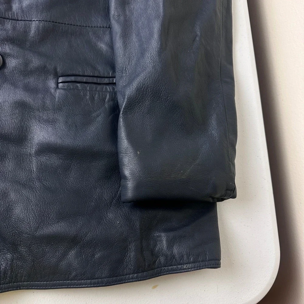 Estival Leather Jacket Mens 42 Tall Navy Blue Double Breasted Blazer Outdoor